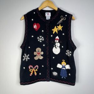 Nutcracker Womens Christmas Navy Blue Button Vest Sz M Snowman Angel Gingerbread